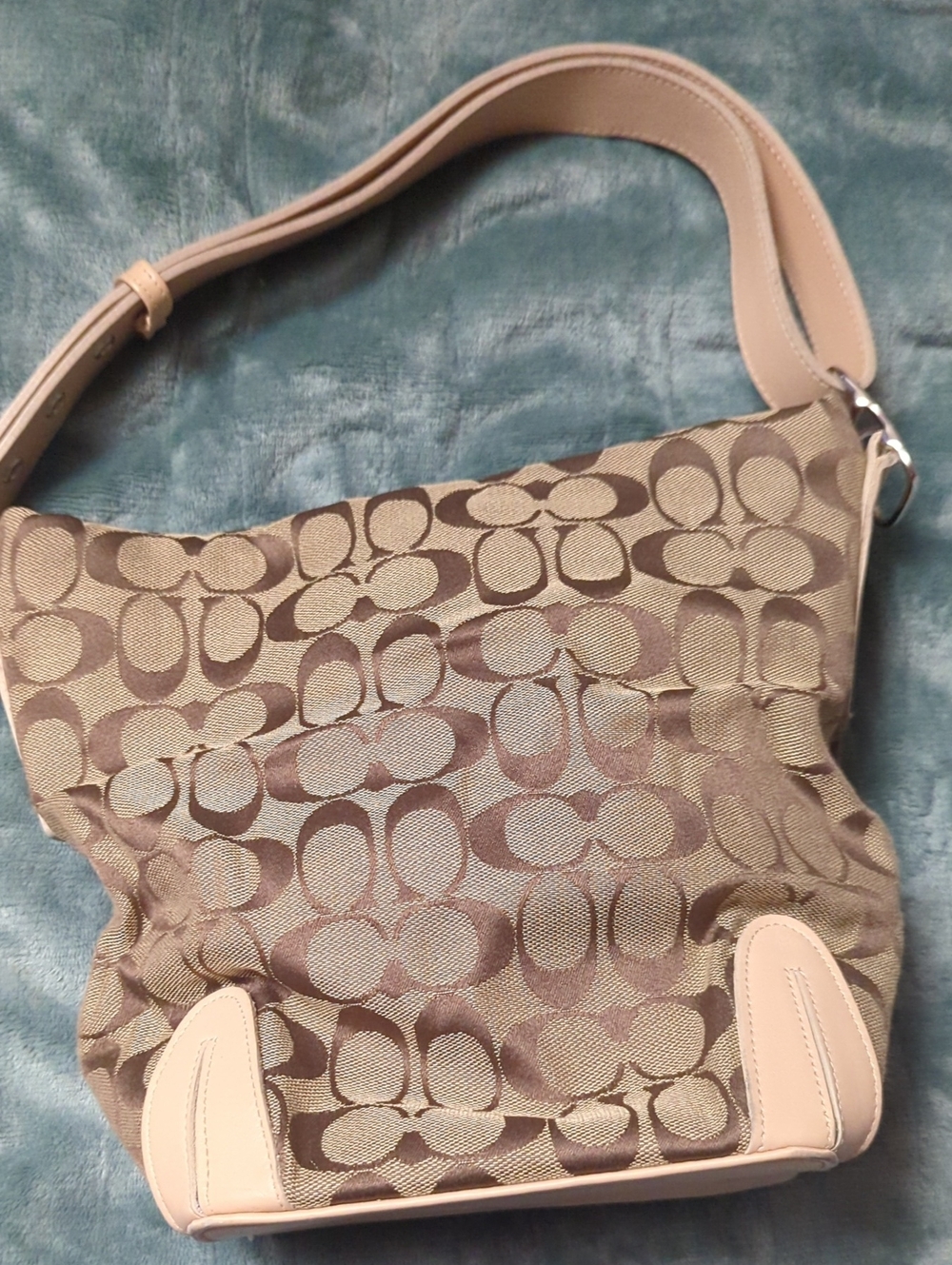 1-Coach Monogram Shoulder Bag in Brown and Cream. Pre-loved